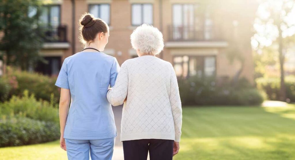 Residents and family members share a small holiday gathering with cards, greenery, and warm drinks.