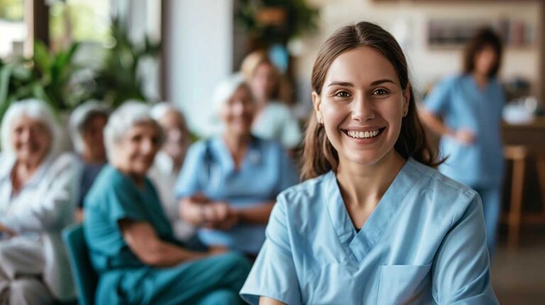 An older adult and family member smiling together at a dining table in a cozy common room.